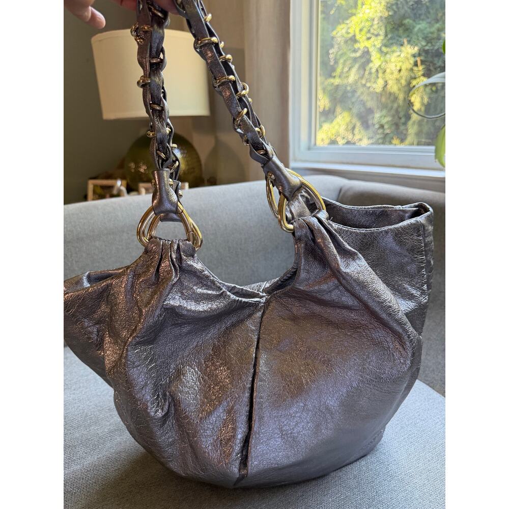 Elliot Lucca Silver Metallic Leather Shoulder Handbag Gold Braided Handles Boho - Picture 2 of 15